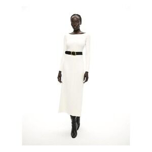 WITCHERY Ribbed Knit Midi Dress Chalk White Off-Shoulder Long Sleeve M